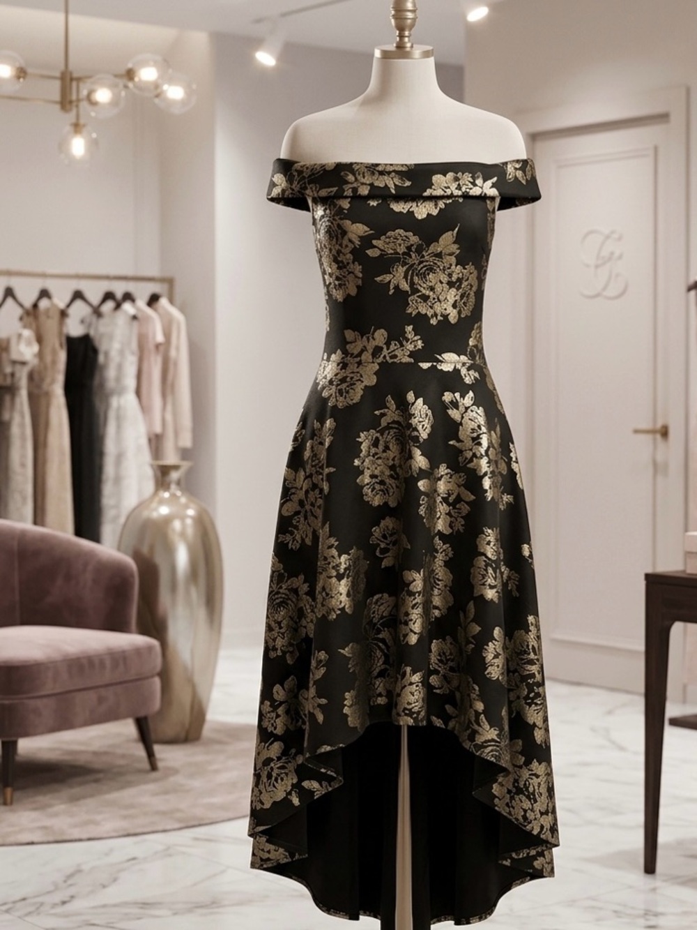 Off-Shoulder Black and Gold Floral High-Low Dress